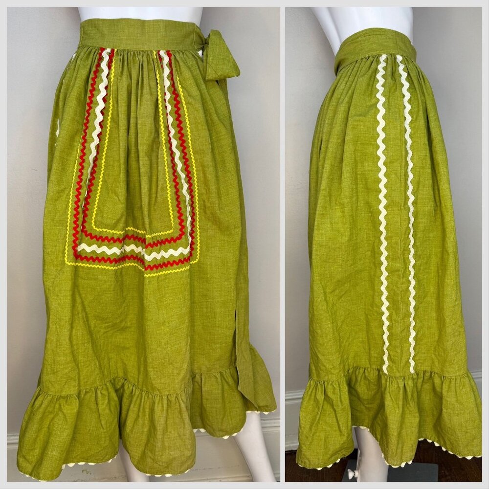 Vintage 1970s Green Prairie Skirt, Ric Rack Trim Handmade, Girls 10/12 Adult XXS